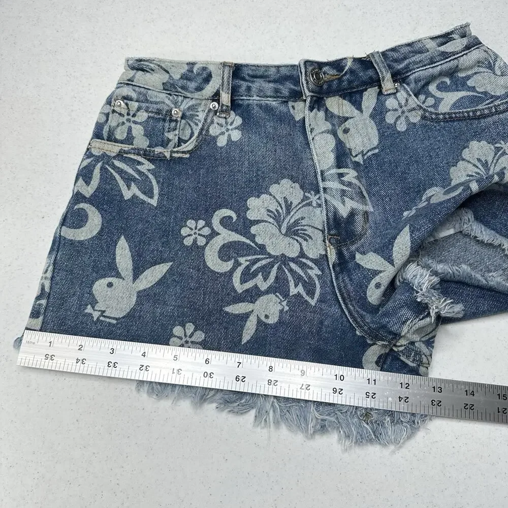 PlayBoy Pacsun Shorts Womens 27 Blue Jean Denim Fringe 90s Grunge Floral Bunny